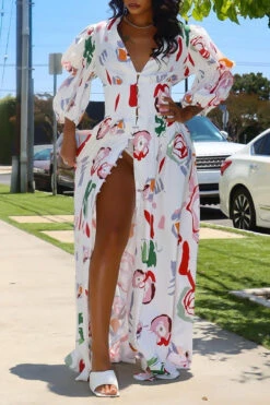 Graffiti Print Cute Puff Sleeve High Split Maxi Dress
