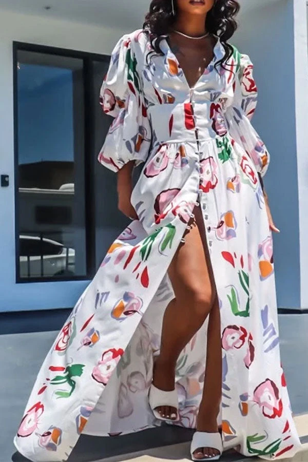 Graffiti Print Cute Puff Sleeve High Split Maxi Dress 2 Graffiti Print Cute Puff Sleeve High Split Maxi Dress - Image 2
