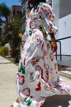 Graffiti Print Cute Puff Sleeve High Split Maxi Dress 8 Graffiti Print Cute Puff Sleeve High Split Maxi Dress -Clothing Outlet Store C23061269 WH 3