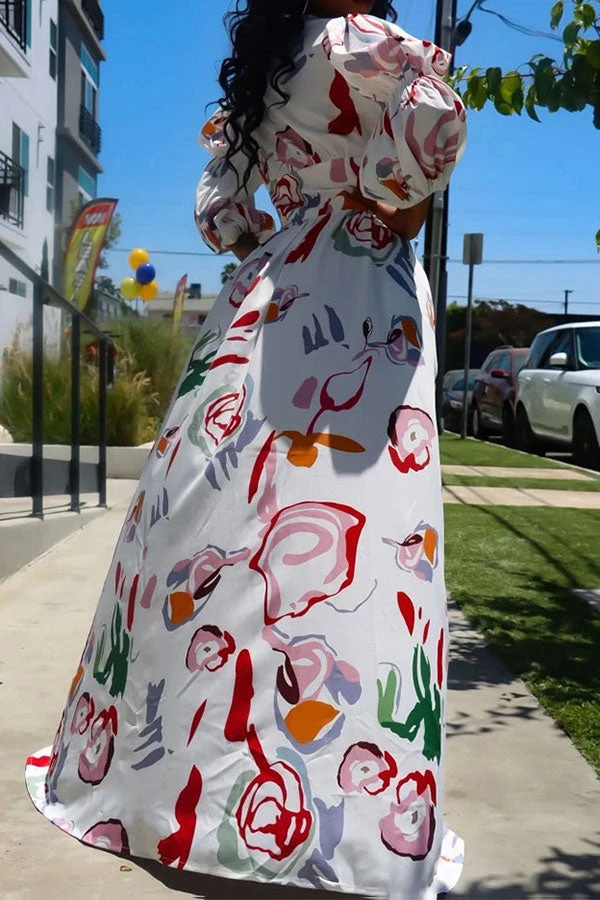 Graffiti Print Cute Puff Sleeve High Split Maxi Dress 4 Graffiti Print Cute Puff Sleeve High Split Maxi Dress - Image 4