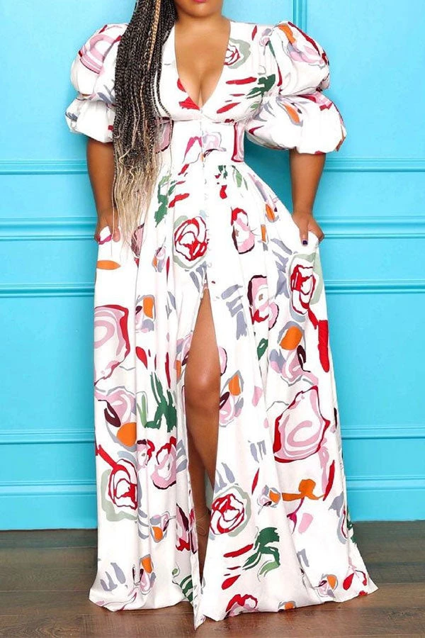 Graffiti Print Cute Puff Sleeve High Split Maxi Dress 5 Graffiti Print Cute Puff Sleeve High Split Maxi Dress - Image 5