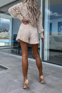 Solid Color Floral Hollow-Out Elegant Pant Suit -Clothing Outlet Store C23061276 BE 3