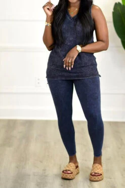 Denim Print Casual V Neck Pant Suit -Clothing Outlet Store C23061279 BL 1