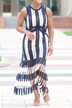 Patchwork Striped Hollow-Out Luxe Tassel Beachwear