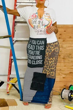 Tiger Print Stylish Patchwork Midi Dress -Clothing Outlet Store C23061552 WH 1