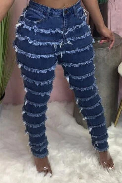 Solid Color Urban Burrs Patchwork Jeans -Clothing Outlet Store C23062512 NB 1