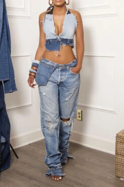 Color Block Party Backless Irregular Denim Camisole -Clothing Outlet Store C23062526 BL 3