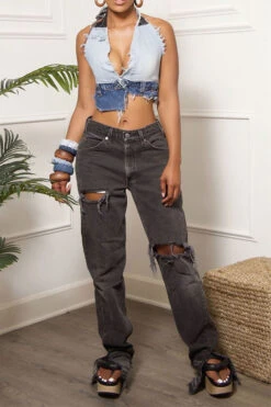 Color Block Party Backless Irregular Denim Camisole -Clothing Outlet Store C23062526 BL 5