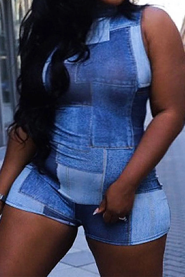 Denim Print Simple Bodycon Romper 2 Denim Print Simple Bodycon Romper - Image 2