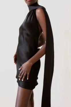 Solid Color Stylish Scarf Collar Mini Dress -Clothing Outlet Store C23062549 BK 1