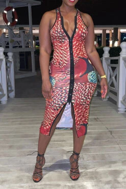 Graphic Print Undeniable Racerback Zipper Midi Dress