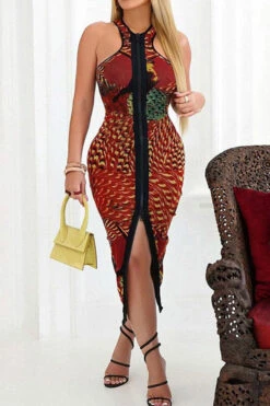 Graphic Print Undeniable Racerback Zipper Midi Dress -Clothing Outlet Store C23062560 RE 3