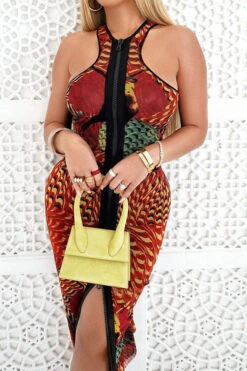 Graphic Print Undeniable Racerback Zipper Midi Dress -Clothing Outlet Store C23062560 RE 4