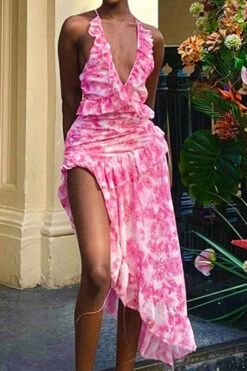 Floral Print Sweet Ruffle Irregular Midi Dress