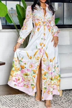 Floral Print Retro Belted Side Split Midi Dress -Clothing Outlet Store C23062570 WH 3