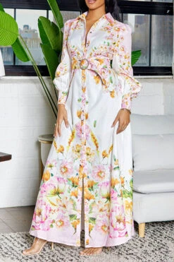 Floral Print Retro Belted Side Split Midi Dress -Clothing Outlet Store C23062570 WH 5