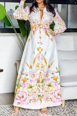 Floral Print Retro Belted Side Split Midi Dress -Clothing Outlet Store C23062570 WH 6