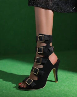Buckled Design Retro Peep Toe Sandals 9 Buckled Design Retro Peep Toe Sandals -Clothing Outlet Store C23062852 BK 1