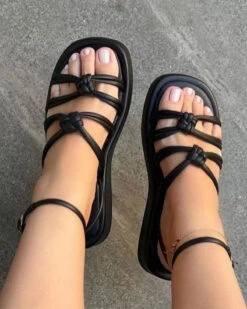 Solid Color Relaxed Braided Knotted Sandals 6 Solid Color Relaxed Braided Knotted Sandals -Clothing Outlet Store C23062857 BK 1