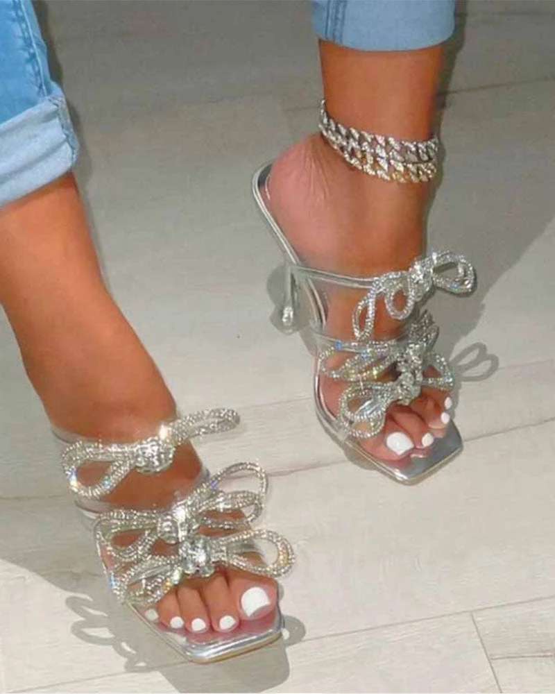 Rhinestone Bow Decor Striking Square Toe Sandals 1 Rhinestone Bow Decor Striking Square Toe Sandals