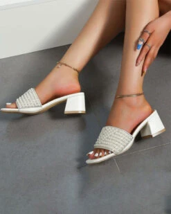 Pearl & Rhinestone Decor Elegant Square Toe Sandals 5 Pearl & Rhinestone Decor Elegant Square Toe Sandals -Clothing Outlet Store C23062877 WH 3