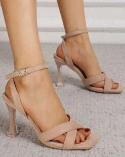 Solid Color Cross Strap Simple Buckled Sandals 6 Solid Color Cross Strap Simple Buckled Sandals -Clothing Outlet Store C23062878 KH 3