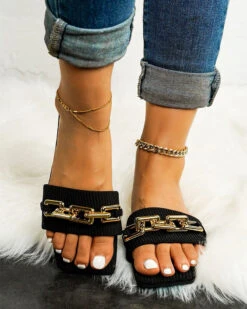 Metal Chain Decor On-trend Flat Slippers