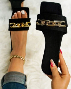 Metal Chain Decor On-trend Flat Slippers -Clothing Outlet Store C23062886 BK 3