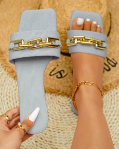 Metal Chain Decor On-trend Flat Slippers -Clothing Outlet Store C23062886 BL 1