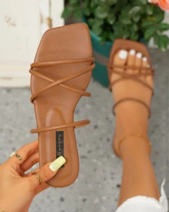 Multi-Strap Laid Back Flat Slippers 38 Multi-Strap Laid Back Flat Slippers -Clothing Outlet Store C23062887 BR 1