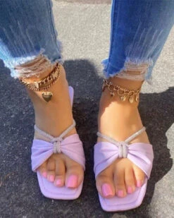 Bow Design Sweet Square Toe Slippers -Clothing Outlet Store C23062889 PU 1