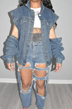 Solid Color Chic Detachable Sleeve Denim Coat