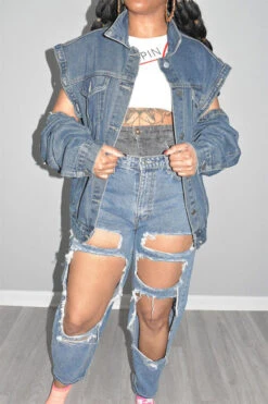 Solid Color Chic Detachable Sleeve Denim Coat -Clothing Outlet Store C23063021 BL 3