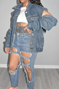 Solid Color Chic Detachable Sleeve Denim Coat -Clothing Outlet Store C23063021 BL 4