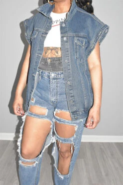 Solid Color Chic Detachable Sleeve Denim Coat -Clothing Outlet Store C23063021 BL 5