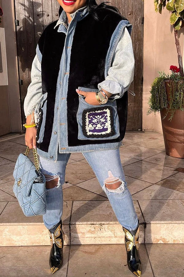 Faux Fur Patchwork Retro Denim Gilet 1 Faux Fur Patchwork Retro Denim Gilet