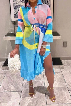 Graphic Print Feminine Pleated Midi Dress -Clothing Outlet Store C23070658 BL 3