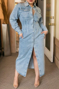 Solid Color Urban Single Breasted Denim Midi Dress
