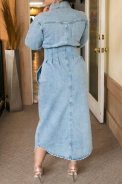 Solid Color Urban Single Breasted Denim Midi Dress -Clothing Outlet Store C23070659 BL 3