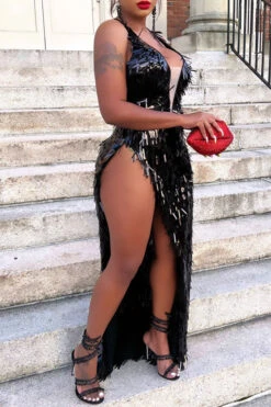 Sequined Tassel Luxe Cross Back High Split Maxi Dress 5 Sequined Tassel Luxe Cross Back High Split Maxi Dress -Clothing Outlet Store C23070663 BK 3