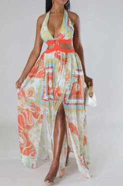 Tribal Print Hot Cutout High Split Maxi Dress -Clothing Outlet Store C23071452 OR 1