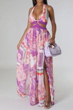 Tribal Print Hot Cutout High Split Maxi Dress