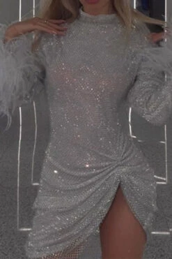 Feather Patchwork Modern Draped Fishnet Mini Dress -Clothing Outlet Store C23071455 AS 5