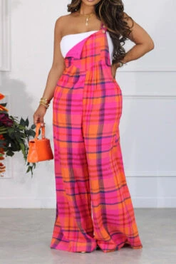 Plaid Casual Suspenders Wide Leg Jumpsuit