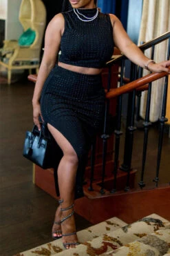 Rhinestone Lowkey High Split Dress Suit 6 Rhinestone Lowkey High Split Dress Suit -Clothing Outlet Store C23071477 BK 3