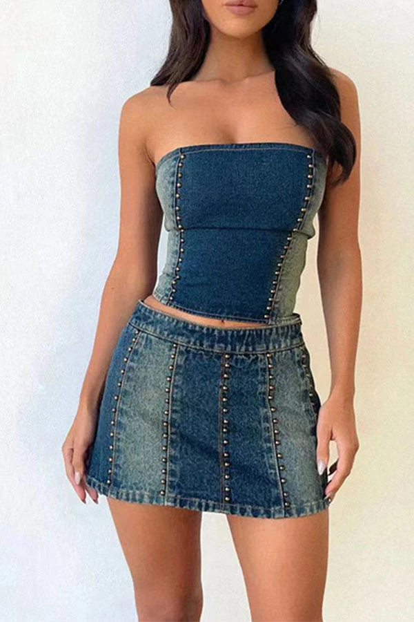 Rivet Design Party Gradient Denim Dress Suit 2 Rivet Design Party Gradient Denim Dress Suit - Image 2