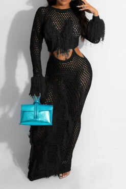 Tassel Flirty Cutout Fishnet See-Through Midi Dress -Clothing Outlet Store C23071757 BK 1
