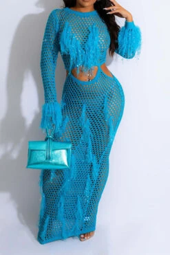 Tassel Flirty Cutout Fishnet See-Through Midi Dress -Clothing Outlet Store C23071757 BL 1