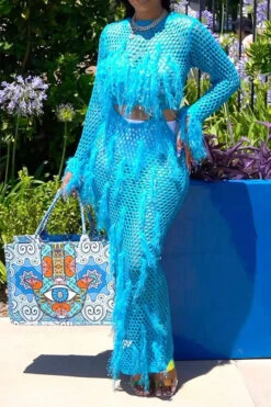 Tassel Flirty Cutout Fishnet See-Through Midi Dress -Clothing Outlet Store C23071757 BL 3