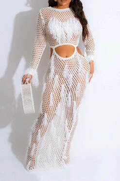 Tassel Flirty Cutout Fishnet See-Through Midi Dress -Clothing Outlet Store C23071757 WH 1